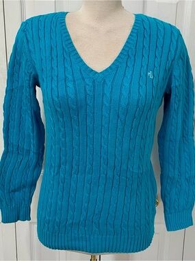 Ralph Lauren Sky Blue Cable-Knit V-Neck Sweater